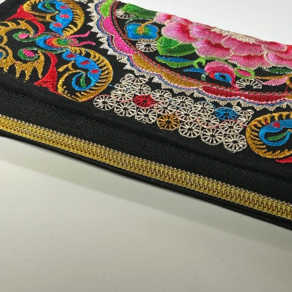 Floral Embroidered Wallet Black Zip‎ Around Organizer Women's Flower Boho Peony
